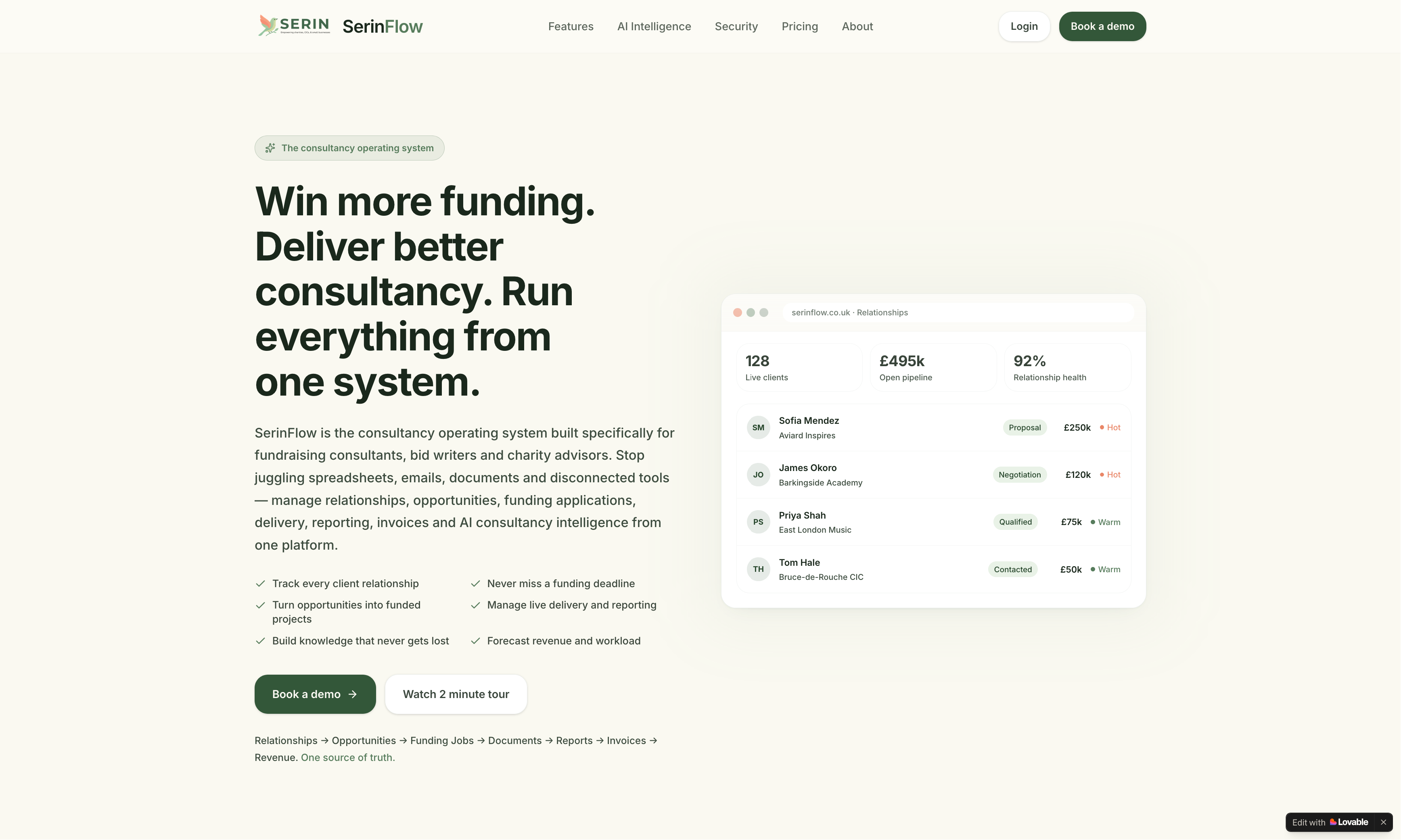 SerinFlow — the consultancy operating system for fundraising consultants, bid writers and charity advisors